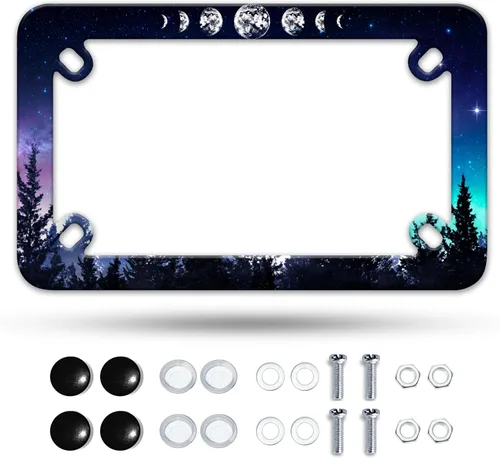 Vista 10 de Marco de matrícula de motocicleta Adventure Awaits con estampado tribal de montaña, material de acero inoxidable, divertido soporte para placa