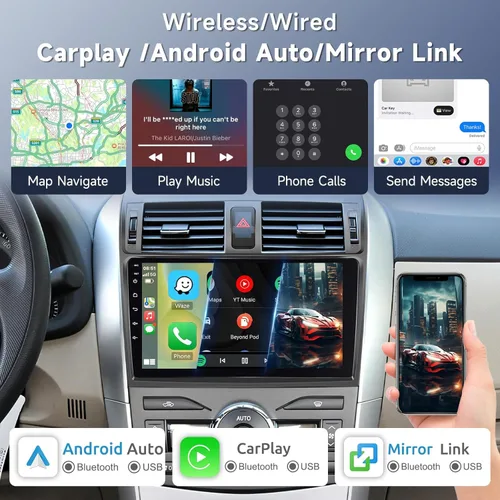 Vista 2 de Radio de coche 2G+64G para Toyota Corolla 2009-2013, estéreo de coche Android inalámbrico Carplay, Rimoody pantalla táctil de 9 pulgadas
