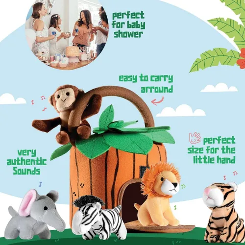 Vista 2 de Play22 6-Piece Plush Talking Jungle Animals Set with Carrier for Kids, Babies & Toddlers - Elephant, Tiger, Lion, Zebra, Monkey