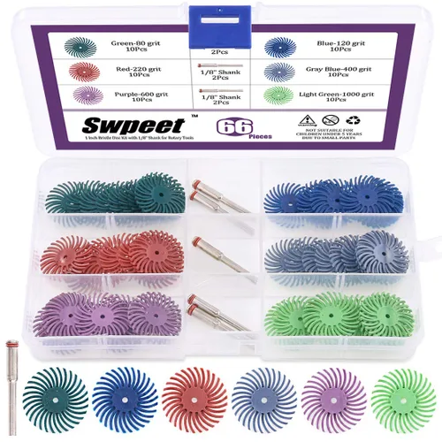 Swpeet Juego de 66 piezas de 1 pulgada, 6 discos de cerdas radiales de grano mixto 80/120/220/400/600/1000, cepillo abrasivo, almohadilla de pulido,