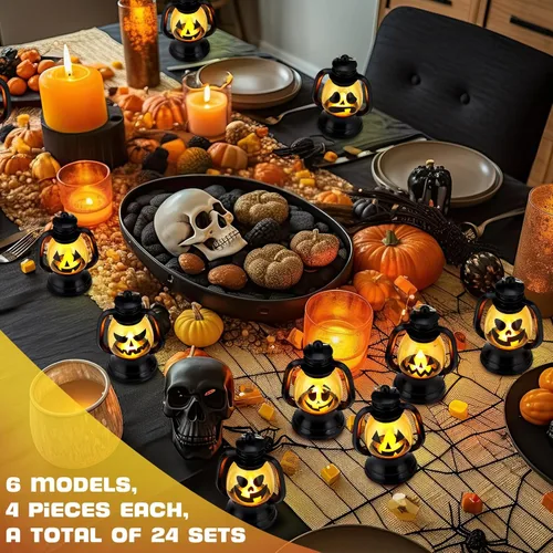 Vista 4 de ROCEEI 24 mini faroles de calabaza de Halloween de 3.54 pulgadas, centro de mesa Jack O Lantern, decoración colgante de Halloween, lámpara de luz a