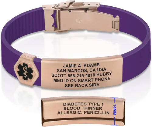 Vista 303 de Divoti Pulsera de identificación de alerta médica grabada personalizada, grabado láser de doble cara, pulsera de silicona, cierre de seguridad