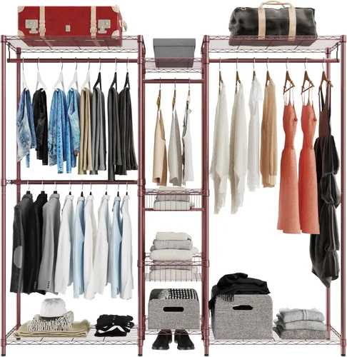 Vista 7 de Xiofio Perchero resistente de 6 niveles con varillas para colgar, estante de metal para ropa, estantes ajustables y 2 cestas de almacenamiento Negro