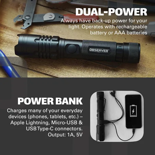 Vista 3 de Observer Tools Linterna utilitaria de alto lumen, imán trasero, LED, recargable, batería externa para teléfono, adaptador AAA, táctica, militar