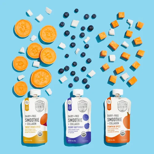 Vista 5 de Serenity Kids Bolsas de alimentos para bebés de batidos sin lácteos de más de 6 meses, bolsas de bocadillos de proteínas con colágeno alimentado