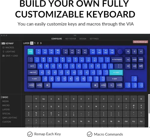 Vista 4 de Keychron Q3 - Perilla de teclado mecánico personalizado con cable, TKL Tenkeyless QMK/VIA macro programable con interruptor azul Gateron G Pro