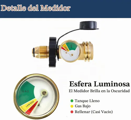 Vista 3 de Adaptador de tanque de propano de 100 libras con medidor de propano, ajuste universal POL, convierte POL a QCC1, latón macizo