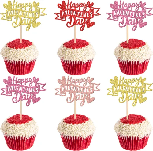 Vista 12 de 24 piezas de decoración para cupcakes con purpurina de dulce amor corazón Be Mine San Valentín para el día de San Valentín, fiesta de cumpleaños