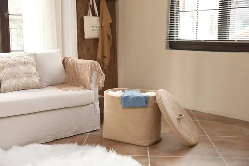 Vista 5 de Canasta de almacenamiento rectangular extragrande de 22"x14"x18" con tapa, gran canasta de cuerda de algodón, canasta de lavandería tejida