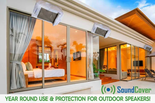 Vista 5 de Dos cubiertas blancas impermeables 600D para altavoces montados en soporte C - Compatible con Yamaha NS-AW150, Polk Audio Atrium 5