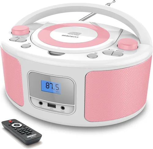 Vista 11 de Boombox de CD portátil con Bluetooth, radio FM, puerto USB, compatible con MP3-CD, entrada AUX, conector para auriculares, control remoto, estéreo