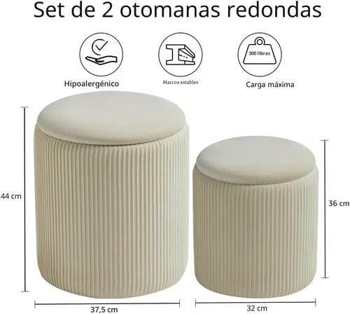 Vista 2 de BLEXA Juego de 2 taburetes otomanos redondos con almacenamiento de Blanco