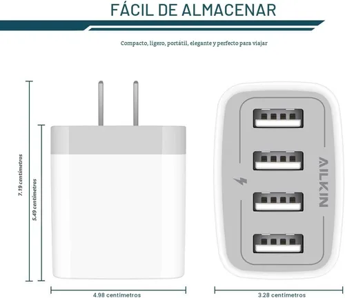 Vista 3 de Cargador de pared, adaptador de cargador USB, estación de carga rápida AILKIN 4.8A, 4 puertos múltiples, bloque de base de alimentación, enchufe