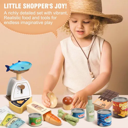 Vista 5 de Pithfor Juego de alimentos de madera para niños pequeños, tienda de comestibles, comida de simulación, compras y juegos, accesorios de cocina