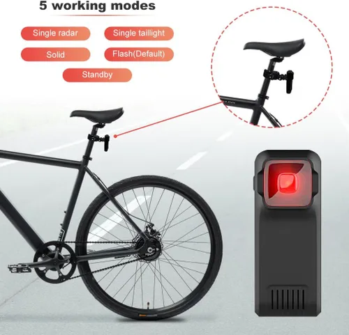 Vista 5 de BY-J Luz trasera de radar para bicicleta, alertas visuales y audibles para acercarse al vehículo, compatible con computadoras Garmin Wahoo Bike