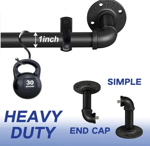 Vista 3 de Barras de cortina negras para ventanas de 66 a 120, barra de cortina industrial de 1 pulgada, barras de cortina negras de 1 pulgada, barras