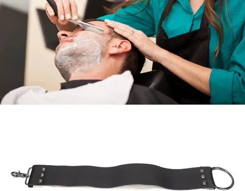 Vista 3 de Strop de cuero negro con ganchos de anclaje de latón para afilar cuchillos, rasurar corte recto, herramienta de limpieza duradera para maquinillas