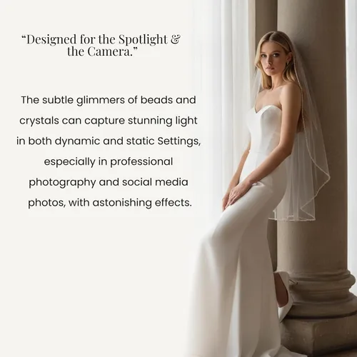 Vista 6 de Velo de novia Perlas y Cristales con Cuentas Borde 1 Nivel Dedo Longitud Velo de Novia