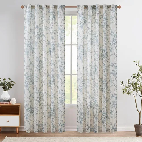 Vista 22 de JINCHAN Cortinas de mezcla de lino con flores para sala de campo francés, cortinas para sala de estar de 84 pulgadas de largo, cortinas impresas