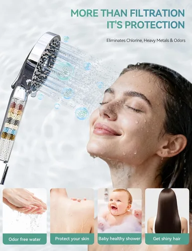 Vista 3 de Magichome Cabezal de ducha filtrado con mano, cabezal de ducha cromado desmontable de 10 grados de alta presión con manguera de acero inoxidable