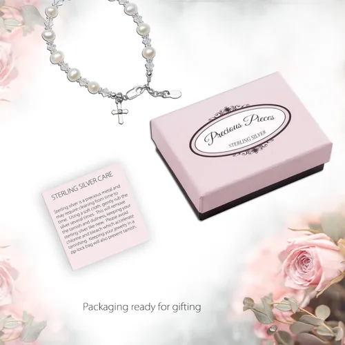 Vista 6 de Brazalete de plata con cruz para bautismo y comunión con perla cultivada y cristal Swarovski