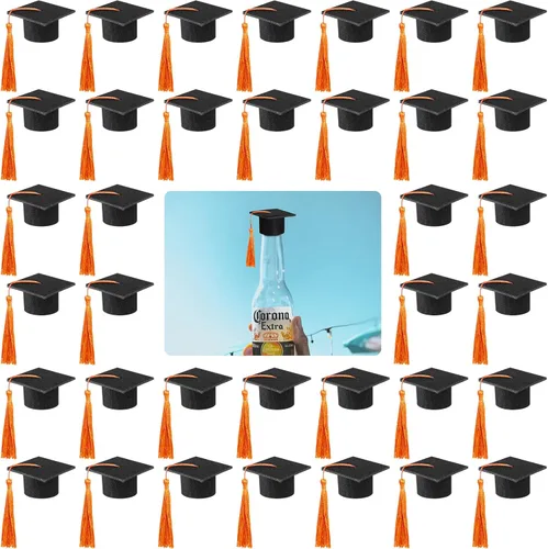 Vista 7 de 36 mini gorras de graduación 2026 con borlas para botellas de vino de graduación (gorra negra con borla dorada)
