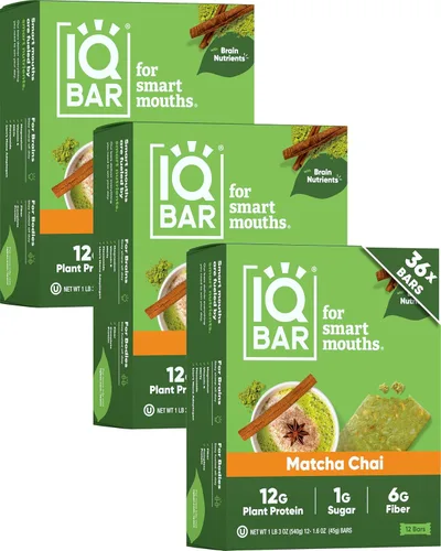 Vista 28 de IQBAR - Barras de proteínas para el cerebro y el cuerpo a base de plantas - Chips de mantequilla de almendra - 12 unidades - Keto, veganas, bajas