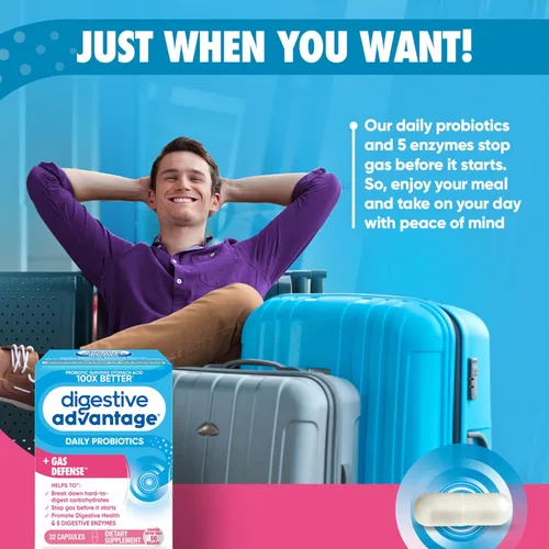 Vista 4 de Cápsula de enzima digestiva y probiótica: Digestive Advantage 32 cápsulas, sobrevive 100 veces mejor que los 50 mil millones de UFC normales