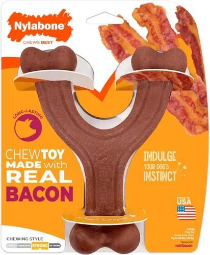 Vista 20 de Nylabone Paquete de 4 juguetes masticables fuertes para perros, hechos con tocino real, bisonte, venado, carne de res y pollo, huesos duraderos