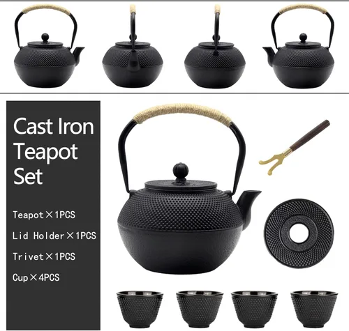 Vista 6 de Juego de tetera de hierro fundido YJX, Tetsubin japonés, tetera de 40.6 oz para estufa, tetera negra con infusor de acero inoxidable para té