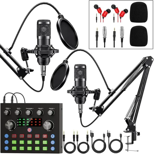 Brvomussy Paquete de equipo de podcast para 2, interfaz de audio con micrófonos condensadores con cambiador de voz para jugadores, mezclador de