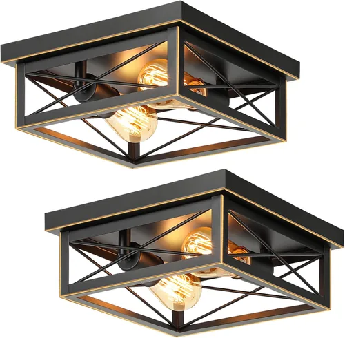 Vista 11 de Kondras Lámpara de techo de granja de 2 luces, lámpara de techo cuadrada industrial, moderna lámpara de techo de pasillo de metal negro para cocina
