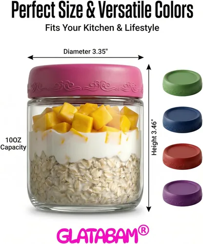 Vista 2 de Paquete de 4 de 10 OZ, Tarros para Avena Nocturna con Tapas, Recipientes de Vidrio para Preparación de Comidas, Tarros Mason Herméticos