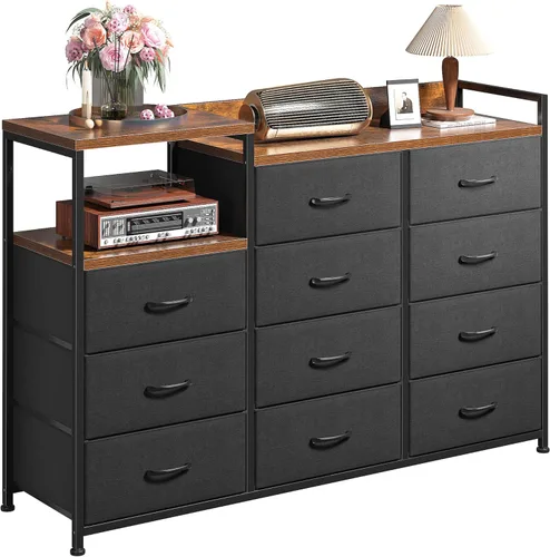 Vista 9 de EnHomee - Cómoda para dormitorio con 9 cajones, cómodas con 2 estantes abiertos, cómodas de tela y baúles de cajones para dormitorio, marco de metal