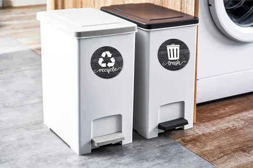 Vista 5 de Imanes rústicos de basura y reciclaje, imán de reciclaje de granja de 3.5 pulgadas para basura, calcomanías magnéticas de reciclaje para cubo