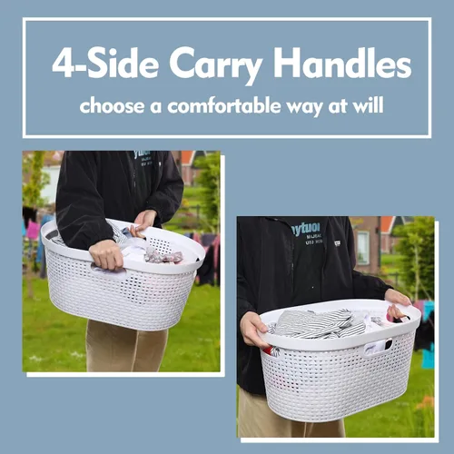 Vista 6 de Paquete de 4 cestas para la ropa sucia con mango recortado, cestas de plástico blanco, 40 L