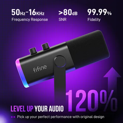 Vista 3 de FIFINE - Micrófono dinámico XLR/USB para podcasts, de transmisión de juegos con luz RGB, botón de silencio, conector para auriculares, soporte