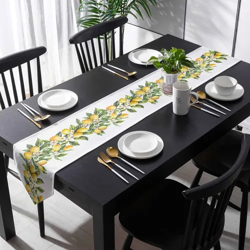 Vista 4 de Caminos de mesa triangulares de algodón y lino de 72 pulgadas de largo, limones de verano, remolinos florales blancos, bufandas, decoración de mesa