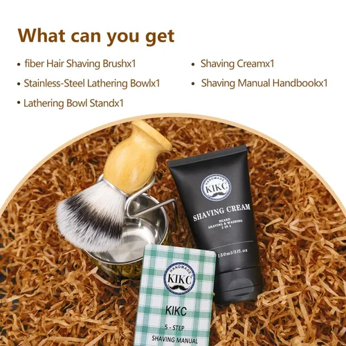 Vista 6 de Kikc Kit de afeitado 5 en 1, kit de brochas de afeitar para hombres, el juego incluye cepillo de afeitado sintético, cuenco de espuma inoxidable