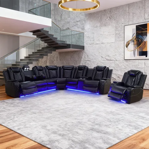Vista 11 de Juego de sofá modular reclinable eléctrico para sala de estar, juego de sofá reclinable de cuero con luces LED / almacenamiento oculto, sofá
