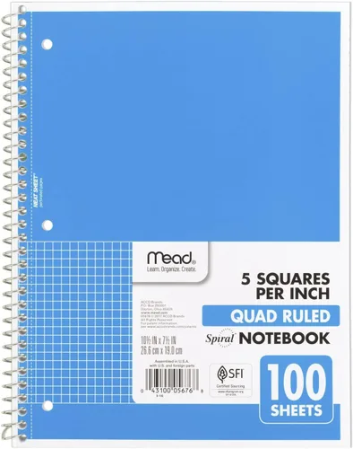 Vista 11 de Mead Cuaderno con espiral, 1 tema, papel con cuadrícula, 7-1/2 pulgadas x 10-1/2 pulgadas, 100 hojas, negro (05676AA5)