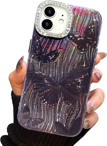 Vista 129 de I-MGAE-IN-AR - Funda diseñada para iPhone 12 y 12 Pro, diseño de mariposa plateada brillante, funda protectora de poliuretano termoplástico, suave