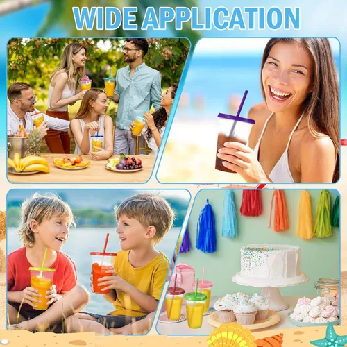 Vista 7 de 12 vasos de plástico con tapas y pajillas, vasos de plástico reutilizables, vaso a granel con popote y tapa, vaso helado para beber agua, batido