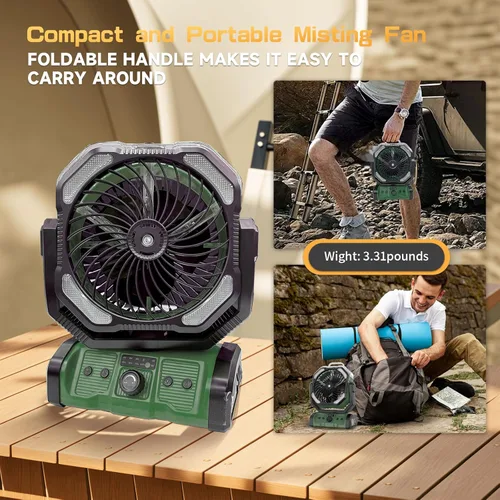 Vista 6 de Ventilador de camping portátil recargable, ventilador inalámbrico de 20000 mAh con linterna LED, ventilador de campamento recargable con control