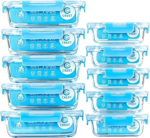 C CREST Contenedores de vidrio para preparación de comidas, [paquete de 10] recipientes de vidrio para almacenamiento de alimentos con tapas, cajas