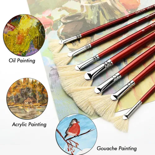 Vista 6 de GACDR Cepillo de abanico para pintar, juego de 7 pinceles de abanico con cerdas de cerdo natural y mango largo de madera, pinceles profesionales