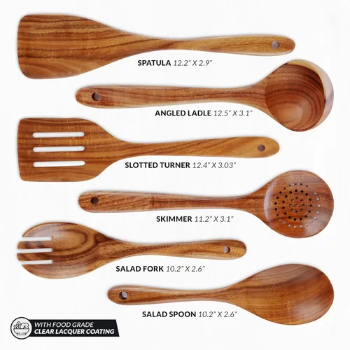 Vista 6 de Zulay Kitchen Juego de 5 cucharas de madera extragrandes - Utensilios de cocina de teca lisa - Cucharón, espátula, espumadera, tenedor, cuchara