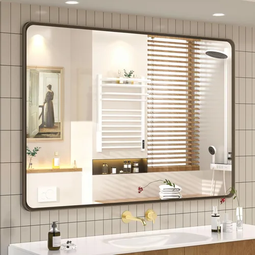 Vista 29 de OKPAL Espejo de Baño con Marco de Metal Negro de 40 x 36 Pulgadas para Pared, Espejo de Tocador de Baño Negro Mate, Espejo Rectangular Redondeado