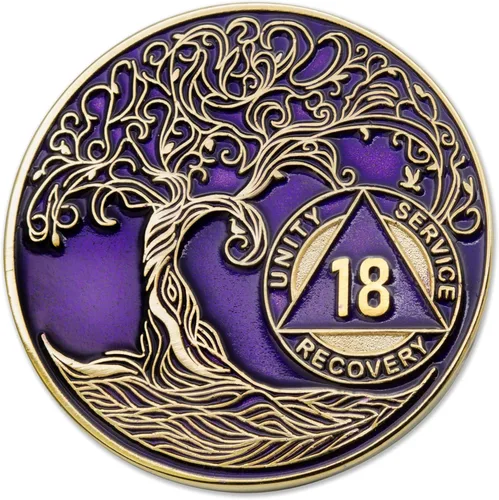 Vista 115 de 1 año Sobriety Mint Twisted Tree of Life Medallón de recuperación AA chapado en oro, chip/ficha - negro