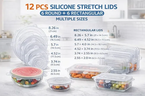 Vista 2 de Fundas de silicona reutilizables para alimentos, paquete de 12 tapas redondas y rectangulares, sin BPA, ecológicas, sellado hermético para cuencos